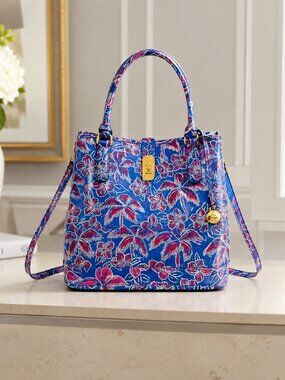 Brahmin Giora Tote Vista Blue Torrone Floral Palm Leather NWT